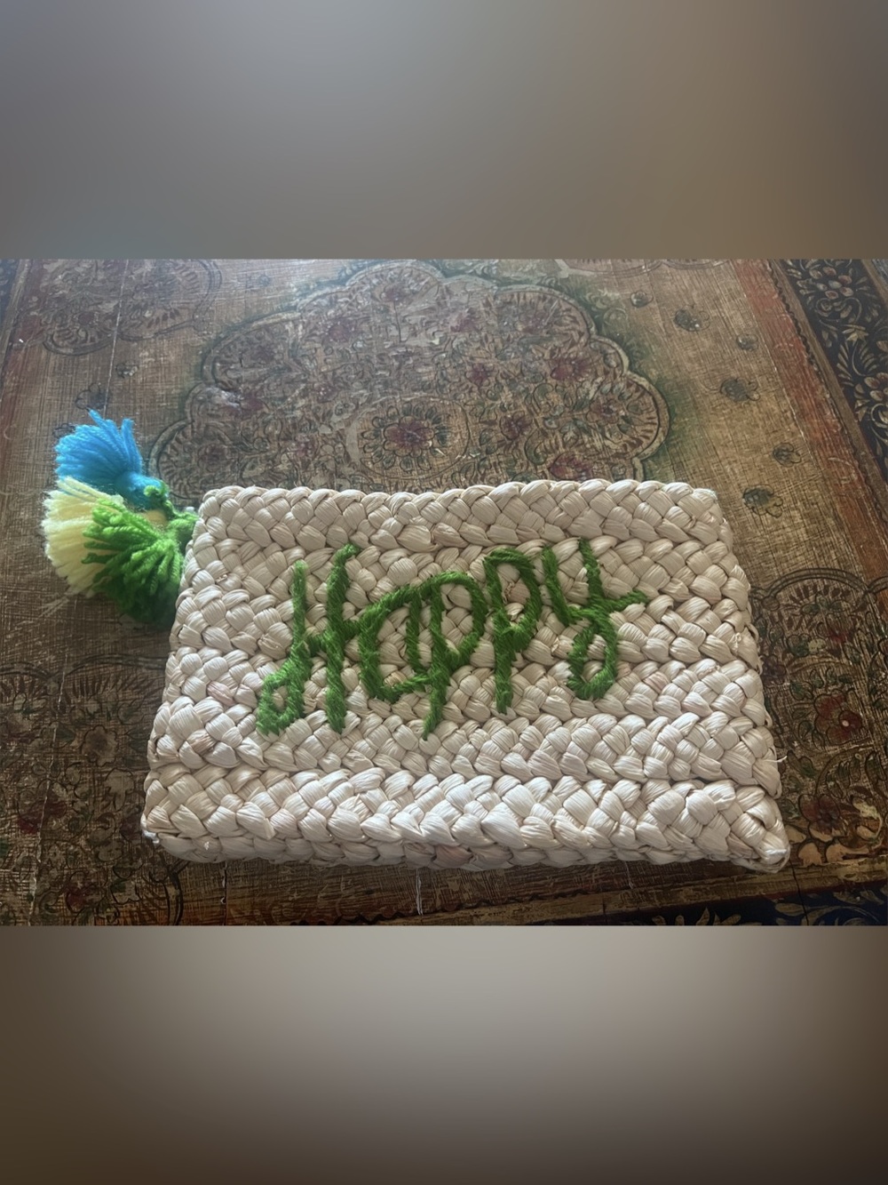Woven Happy Tassel Clutch in Cream & Green, from Macy’s